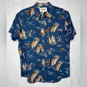 Men’s Corridor NYC 100% Linen Bird Print Navy Short Sleeve Button Down Shirt